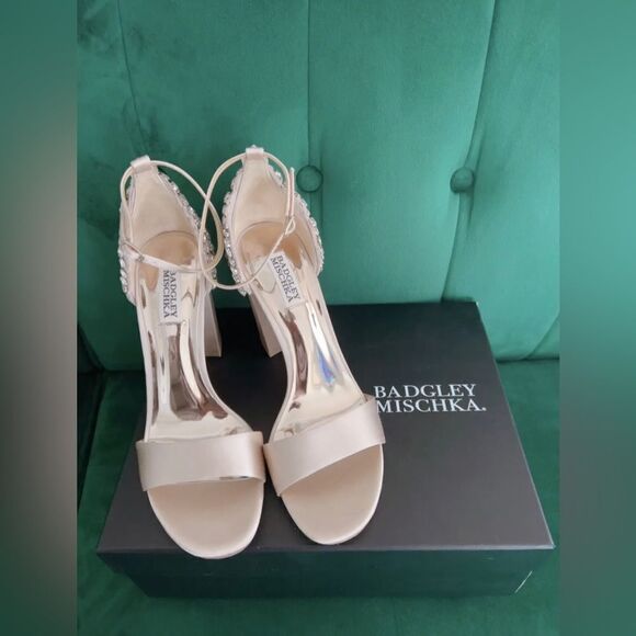 Badgley Mischka Ainsley Crystal Embellished Ankle Strap Sandal, Latte Satin, 9.5 - Picture 6 of 11